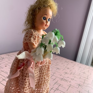 Vintage Reliable sleepy head doll with a crochet dress, gift for mom