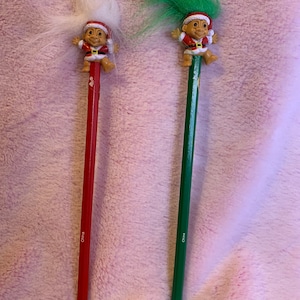 Vintage Christmas Troll pencil toppers, Santa trolls, Russ pencils