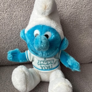 Vintage 10 inch Smurf plush toy, I Smurf You t-shirt. 1979