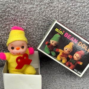 Vintage mini bean doll, miniature baby doll in cardboard matchbox, gift for friend, cool fun toy