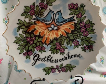 Vintage God Bless our Home Bluebirds in Nest decorative plate, gold trim, blue bird, egg, japan