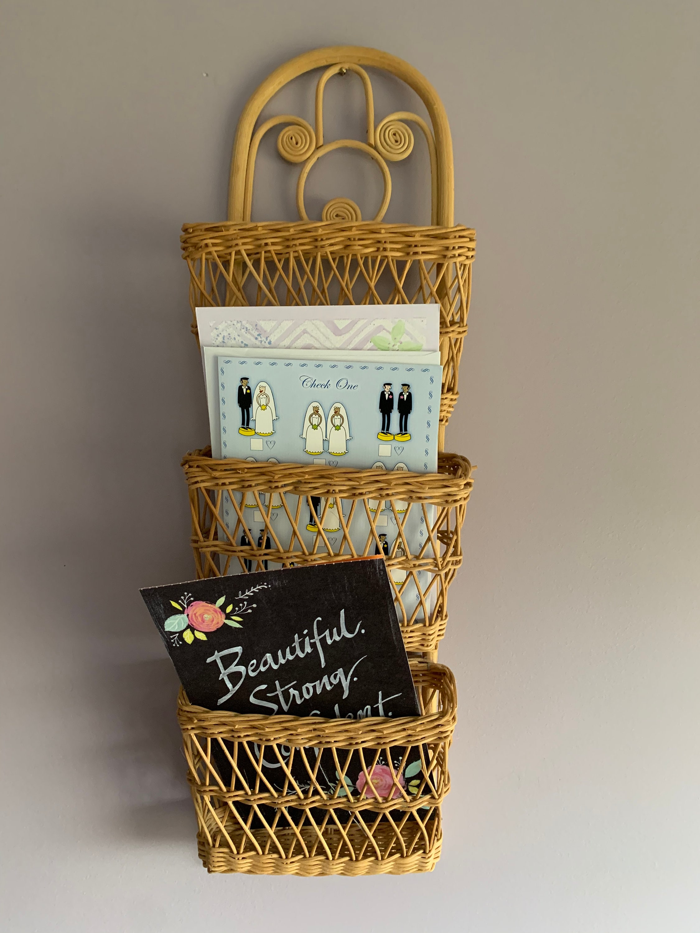 Vintage Wicker Rattan Mail Holder Organizer Storage Rack Three