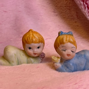 Vintage pair of wee babies, resting baby, sleeping tots, ceramic figures