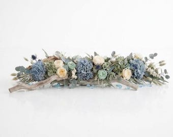 Coastal Floral Runner Centerpiece, Real Touch Hydrangeas, Grapewood Table Decor