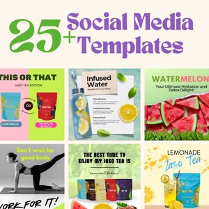 May include: A collage of six social media templates for Iaso Tea, featuring images of the tea, watermelon, lemons, and a woman exercising. The text on the templates includes "This or That", "Infused Water", "Watermelon", "Don't wish for good body", "The best time to enjoy my Iaso Tea is", and "Lemonade Iaso Tea".