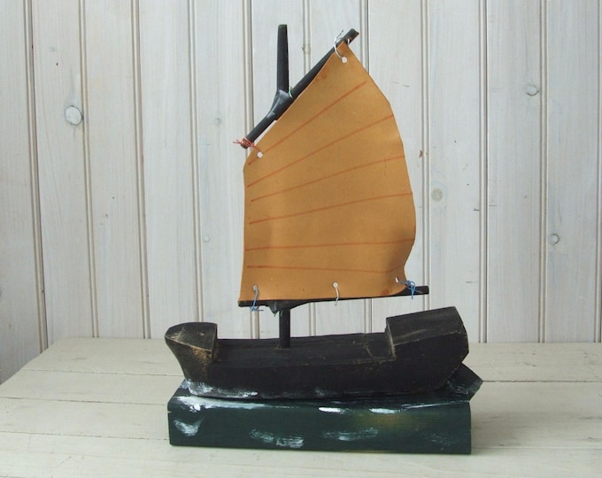 Vintage Handmade Folk Art Wooden Boat with Leather Sail