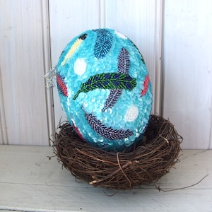 Vintage Beaded Sequin Easter Egg Ornament Feather Pattern Goose Egg