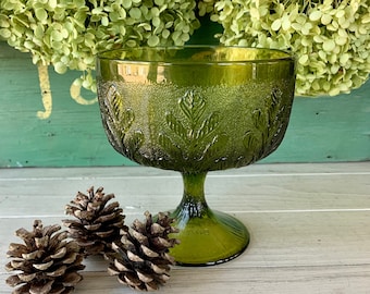 1978 Oak Leaf FTD Avocado Green Textured Glass Compote on Pedestal Footed Bowl Vase