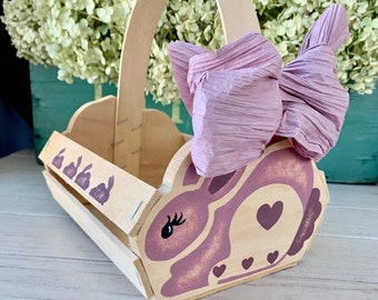 Vintage Handmade Wooden Purple Bunny Rabbit Basket