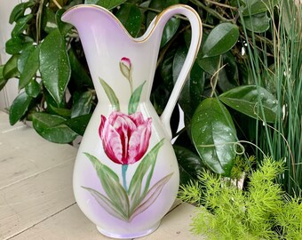 Vintage Porcelain Pitcher Vase Handpainted Purple White Tulip