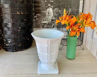 Vintage Art Deco Heavy Cut Pressed Milk Glass Pedestal Planter Vase