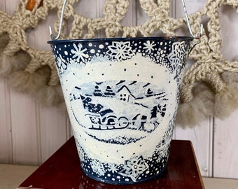 Vintage Winter Scene Painted Galvanized Tin Bucket Decorative Christmas Pail