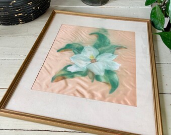 Painted Magnolia on Satin Fabric Vintage Framed Picture