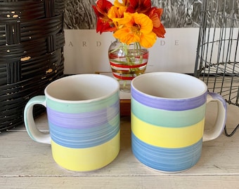 Pair of Pastel Blue Green Yellow Stripes Ceramic Coffee Mugs