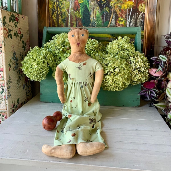 2001 Liz Strause Handmade Primitive Folk Art Doll with Bird House Gourd