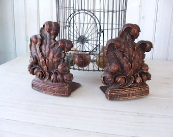 Vintage Syroco Wood Composite Bookends Feathers Leaves Flowers