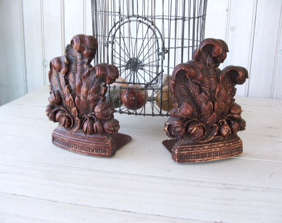 Vintage Syroco Wood Composite Bookends Feathers Leaves Flowers