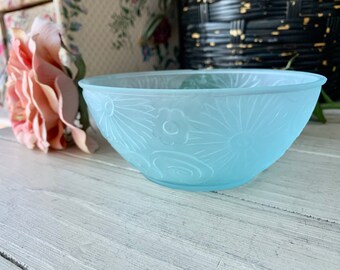 Vintage Blue Frosted Pressed Glass Bowl Shabby Floral Chic