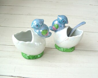 pair of vintage bird egg figural salt servers hand painted Japan lusterware