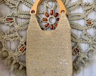 Vintage 'Unlisted' Brand Woven Crocheted Macrame Raffia Handbag Purse with Wooden Handles