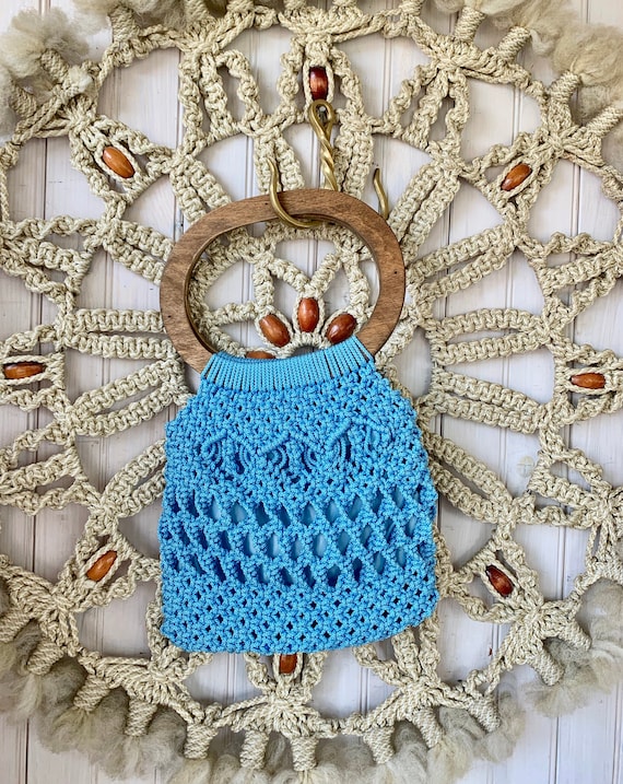 Vintage Blue Raffia Handbag with Wooden Handles