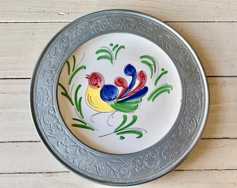 Vintage Pewter Framed Wall Plate Hand Painted Bird European Folk Art