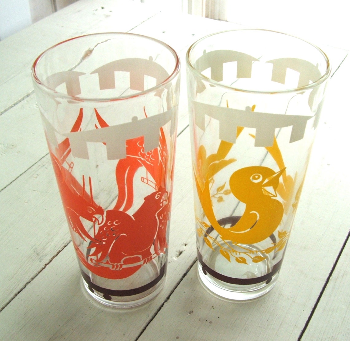 Two Vintage Circus Drinking Glasses Orange Parrots and Etsy