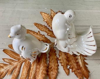 Vintage White and Gold Handmade Ceramic Bird Figurines