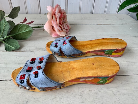 Vintage Decorative Wood Carved Beaded Denim Sanda… - image 1