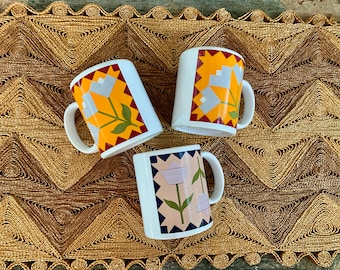 Tulip Quilt Block Vintage Coffee Mugs Set of 3