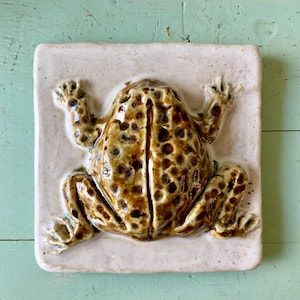 May include: A ceramic tile featuring a detailed frog design. The frog is brown with darker spots and is centered on a square, off-white tile. The frog's legs and arms are outstretched, and the tile has a slightly textured surface.