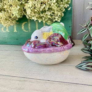 Vintage Handmade Easter Egg Covered Dish with Bunny Rabbit Lid