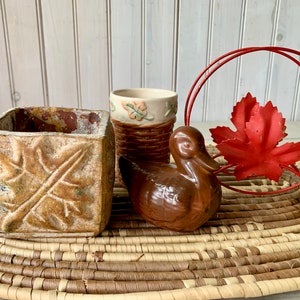May include: A set of four fall-themed home decor items, including a brown ceramic duck, a brown ceramic planter with leaf details, a brown ceramic cup with a white rim and leaf details, and a red metal napkin holder with a leaf design.