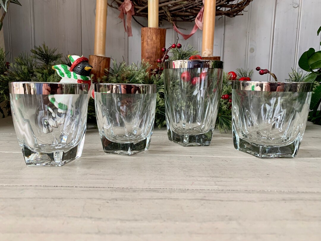 4 Vintage Silver Rimmed Clear Glass Rocks Glasses MCM Holiday Barware ...