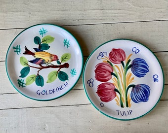 Pair Vintage Handpainted Goldfinch Tulip Ceramic Decorative Plates