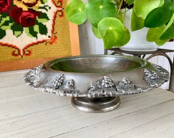 Vintage Crescent Silver Mfg Co Silver Plated Metal Footed Bowl with grapevine pattern