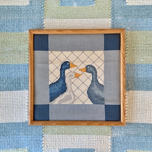 Vintage Blue and White Geese Finished Cross Stitch Needlework Picture