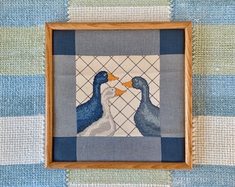 Vintage Blue and White Geese Cross Stitch Needlework Picture