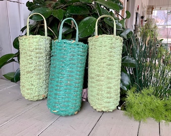 3 Green Painted Woven Wicker Hanging Baskets