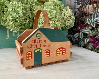 Vintage Merry Christmas Cabin Decorative Wooden Basket Sawmill Critters