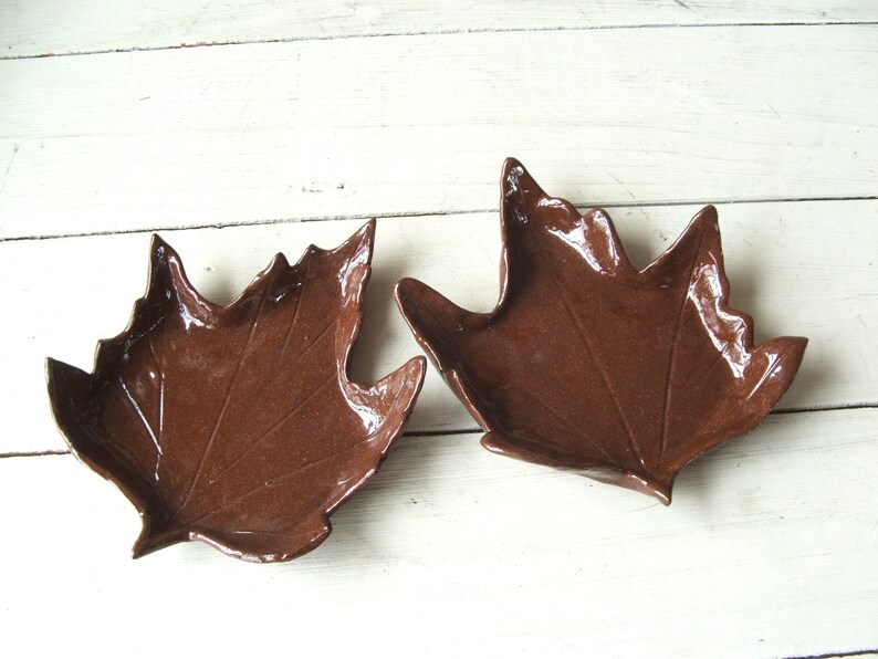 Pair of Vintage Handmade Pottery Brown Maple Leaves