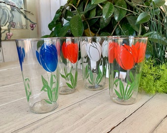 Set of 4 Vintage Tulips Drinking Glasses Red White Blue