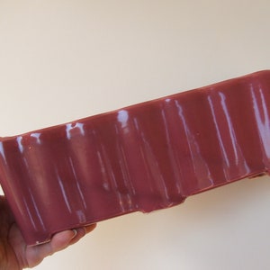 May include: A pink ceramic planter with a wavy, rippled design. The planter is glazed with a glossy finish.