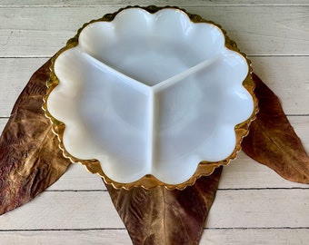 Vintage Milk Glass with Gold Divided Dish Serving Plate