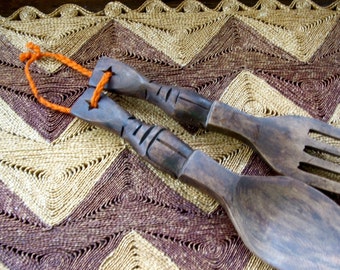 Vintage Wood Hand Carved African Tiki Salad Utensils Fork and Spoon