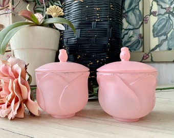 2 Vintage AVON Frosted Pink Rose Petal Glass Vanity Jars with Lids