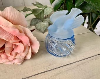 Vintage Blue Bird Satin Glass Cosmetic Jar Made in Taiwan