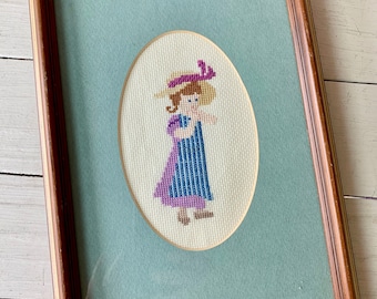 Vintage Girl in Blue Pinafore Needlework Picture Matted and Framed