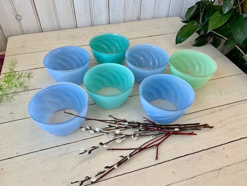 7 Frosted Glass Dessert Bowls Blue and Green image 2