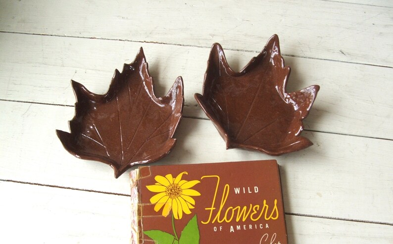 Pair of Vintage Handmade Pottery Brown Maple Leaves